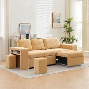 90.94in. Yellow Corduroy Upholstered L-Shaped Sleeper Sectional Sofa with Storage and Removable Ottomans for Living Room