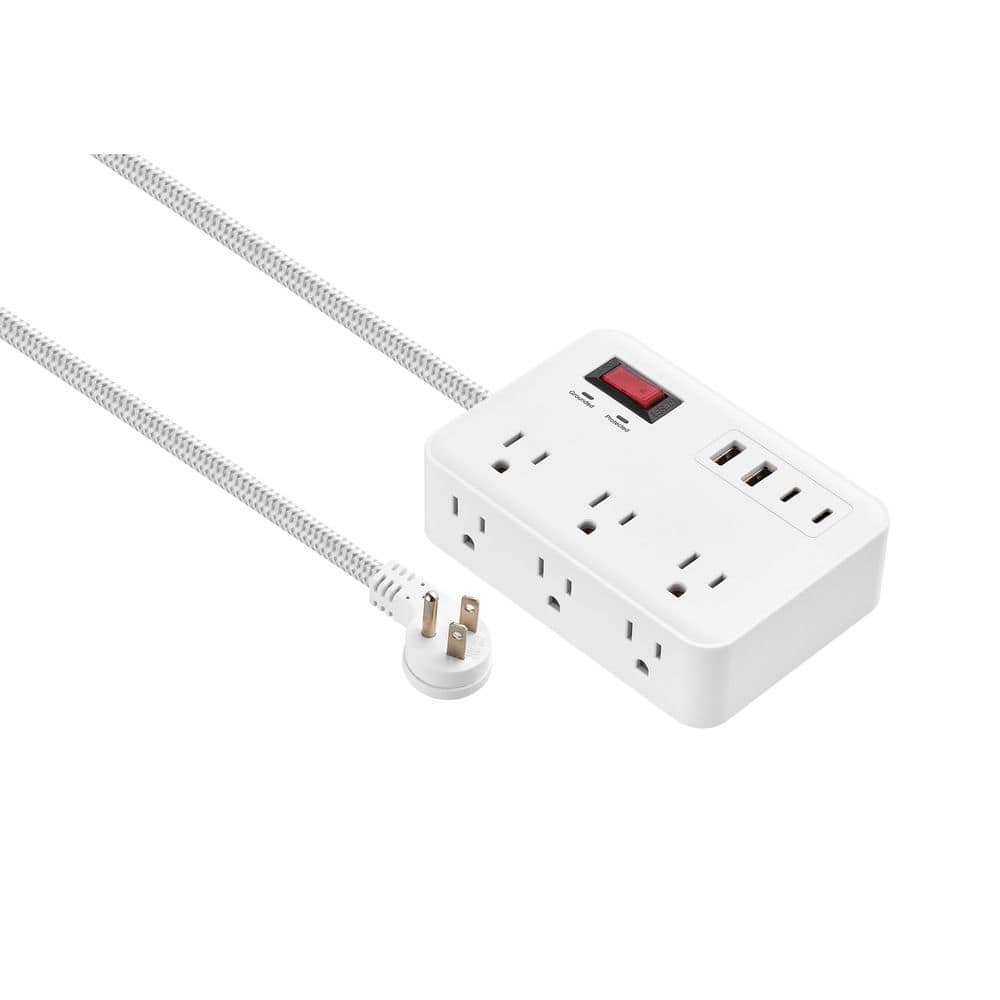 Commercial Electric 8 ft. 6-Outlet Surge Protector with 2 USB-A and 2 USB-C, White