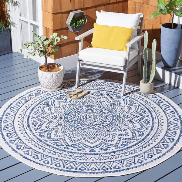 Courtyard Ivory/Navy 8 ft. x 8 ft. Round Medallion Indoor/Outdoor Area Rug