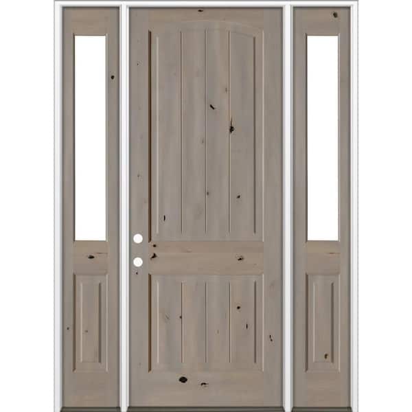 58 in. x 96 in. Knotty Alder Arch Right-Hand/Inswing Clear Glass BEHR Weathered Gray Stain Wood Prehung Front Door DHSL