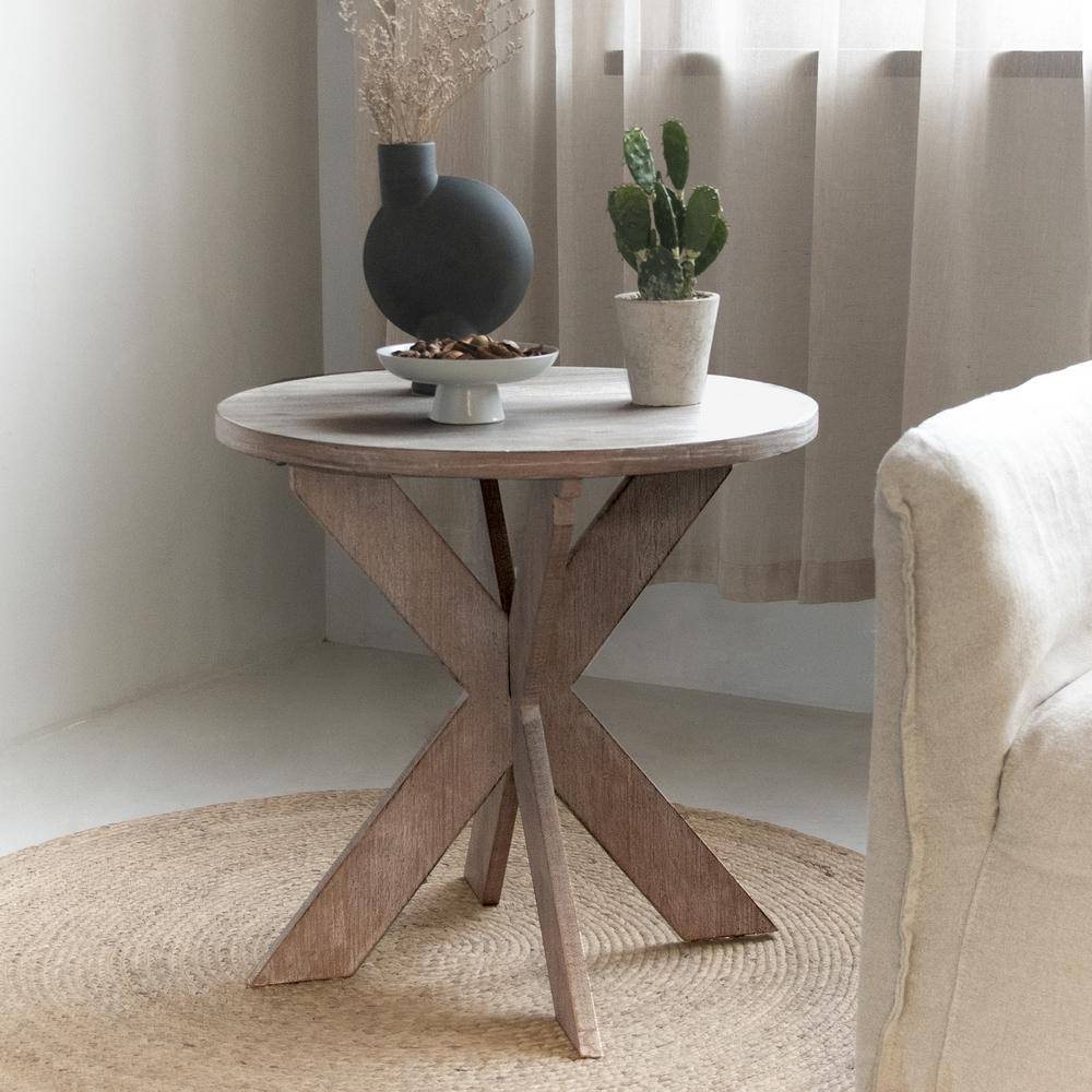 Vintage Grey Round Wood Cross Leg End Table