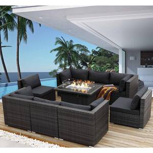 Gray 9-Piece Wicker Patio Conversation Set Deep Sectional Seating Set with Charcoal Cushions and Fire Pit Table
