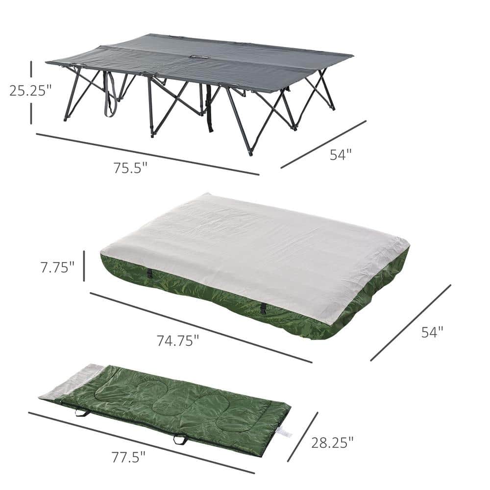Outsunny Green 2-Person Folding Camping Cot with Air Mattress and Pillows
