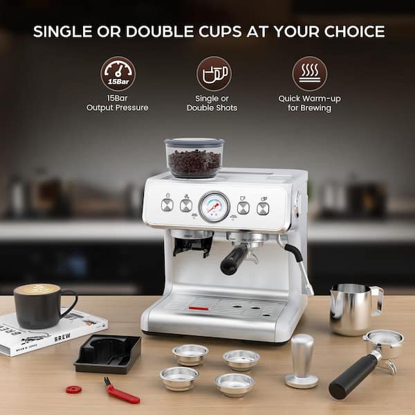 2 Cup Semi-Automatic 15-Bar Espresso Machine with Built-In Grinder & Milk Frother Coffee Maker in Stainless Steel Silver