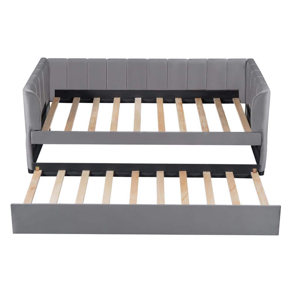 Gray Velvet Upholstered Twin Daybed with Trundle and Wood Frame
