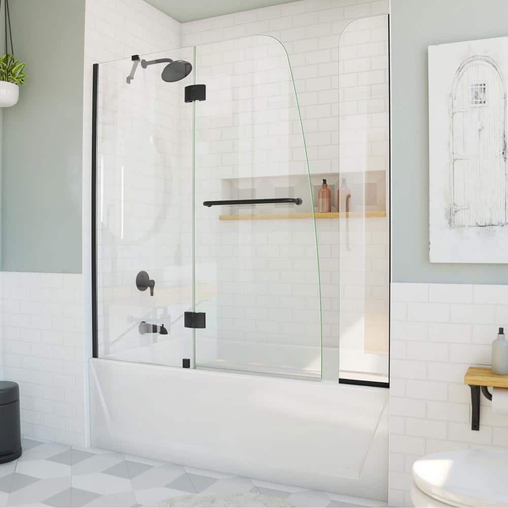 Aqua Matte Black Frameless Hinged Tub Door with Extender Panel