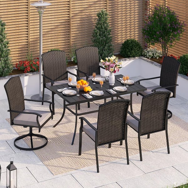 PHI VILLA Black 7-Piece Metal Patio Outdoor Dining Set with Rectangle Table and Rattan Chairs with Beige Cushion