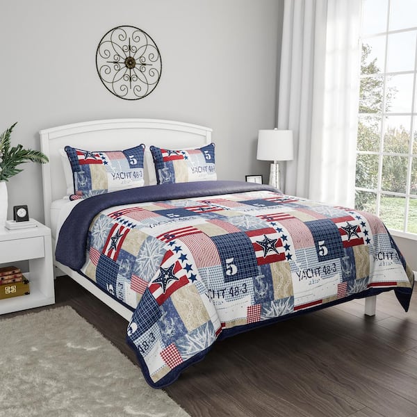 Nautical Americana Patchwork Print Microfiber Quilt Bedspread Set