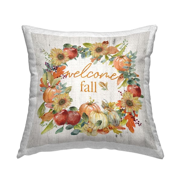 Welcome Fall Pumpkin Wreath Orange Square Outdoor Throw Pillow