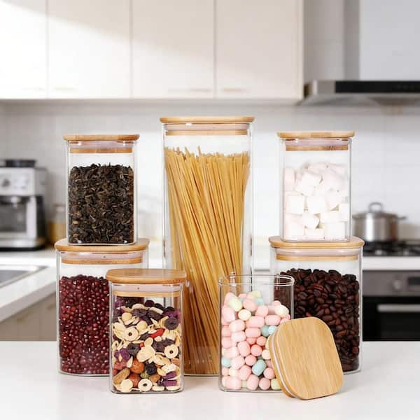 7-Piece Square Glass Kitchen Canister Set Glass Food Jar with Bamboo Lids for Pasta Cereal Flour Sugar Storage