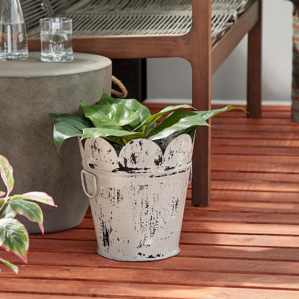 Litton Lane 11 in. x 12 in. Farmhouse Style Distressed White Metal Scalloped Bucket Planter with Handles