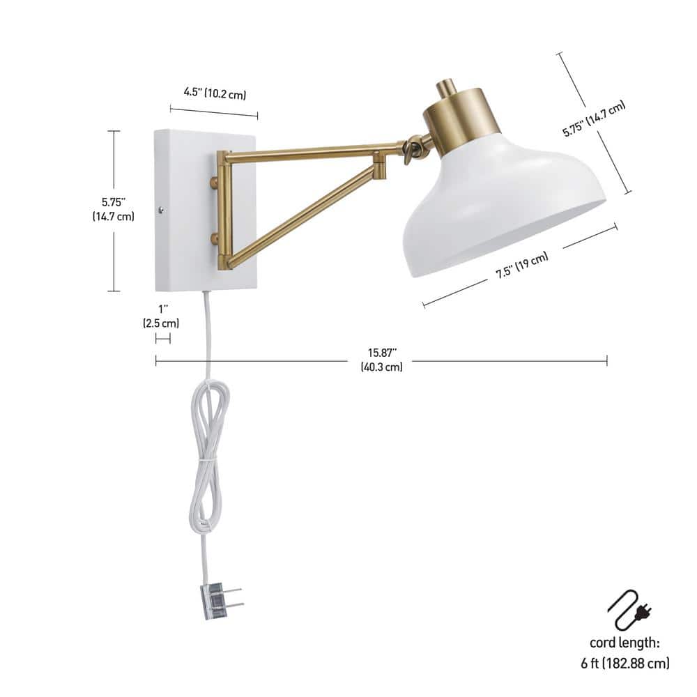 Berkeley Chic White and Brass Swing Arm Wall Sconce, 11"x15.5"