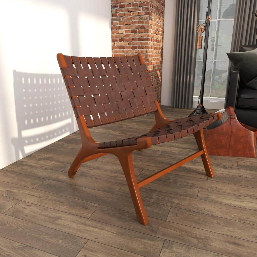 Handcrafted Brown Leather and Wood Slipper Chair