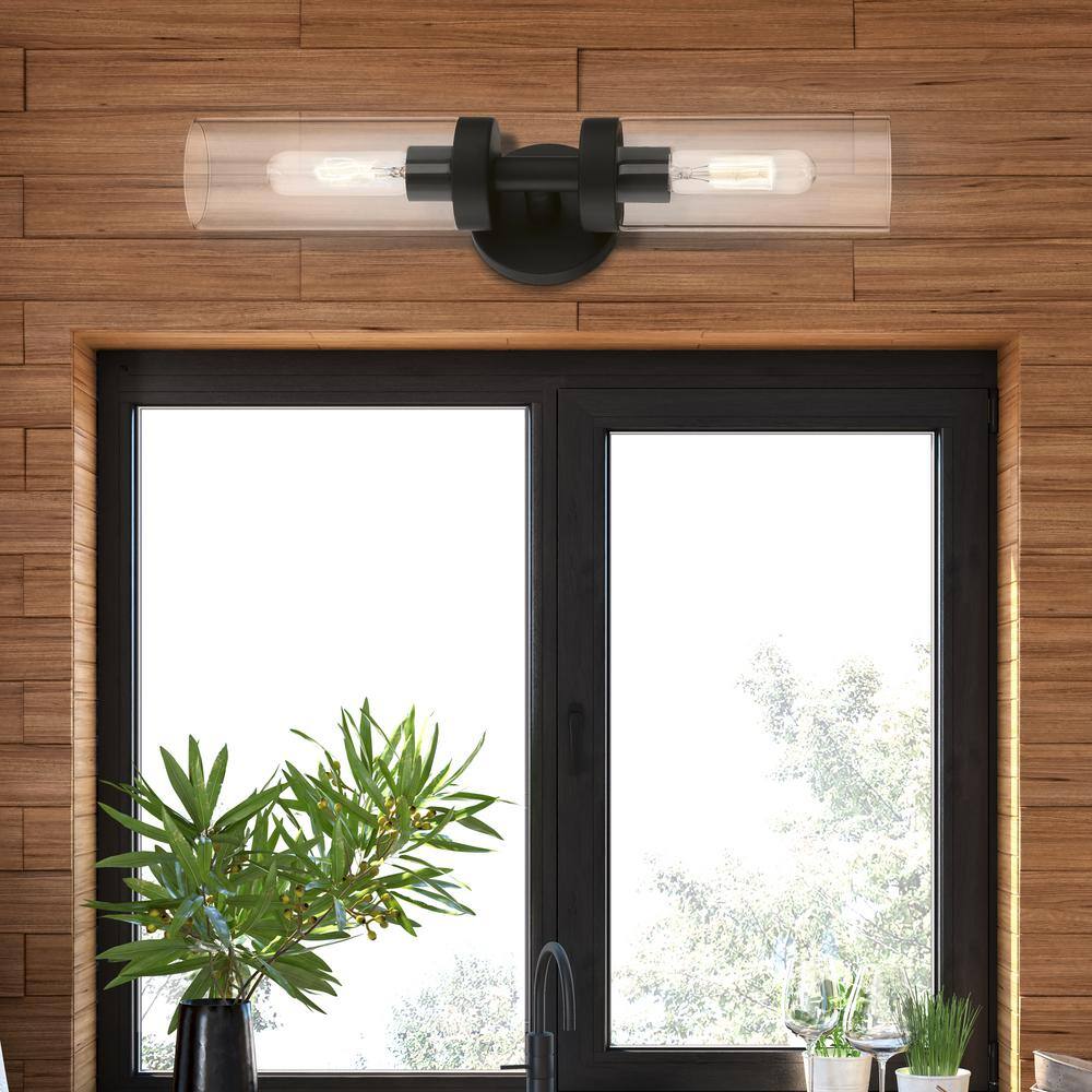 Black Steel 2-Light Vanity with Clear Glass Shades