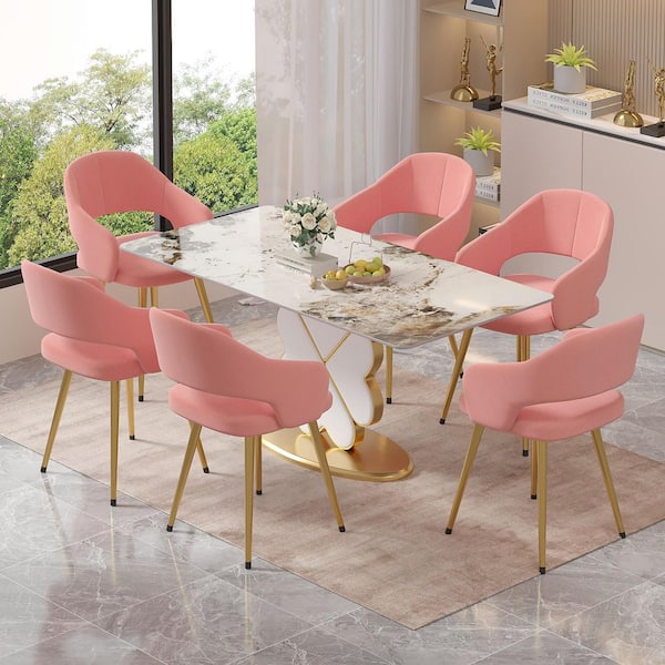 Elegant Pink Velvet Dining Chairs with Gold Metal Legs-Modern Upholstered Dining Room Chairs, Set of 6