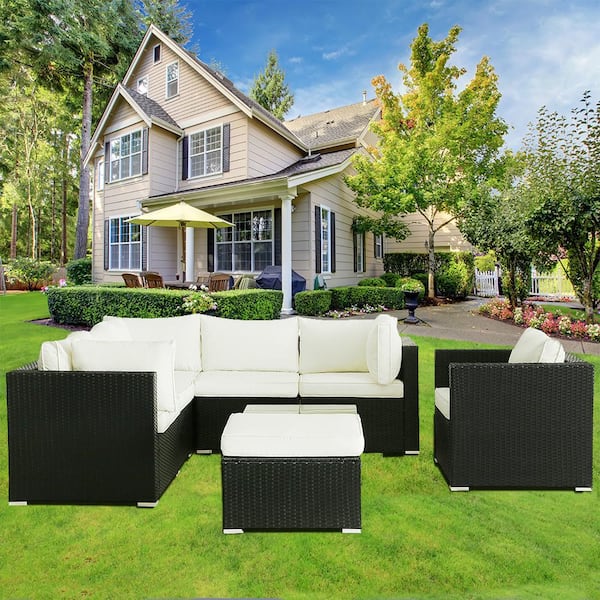 Unbranded 8-Piece Black Wicker Rattan Outdoor conversation Sectional Set with Beige Cushions ands Glass Table