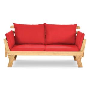 1-Piece Wooden Outdoor Convertible Recliner Sofa with Red Cushions