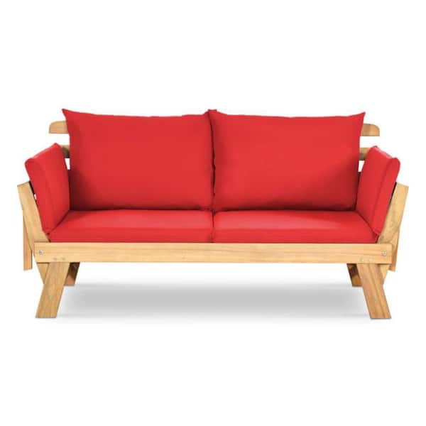 Alpulon 1-Piece Wooden Outdoor Convertible Recliner Sofa with Red Cushions