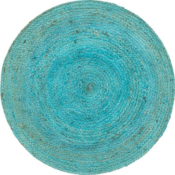 Unique Loom Braided Jute Dhaka Turquoise 3 ft. 3 in. x 3 ft. 3 in. Area Rug