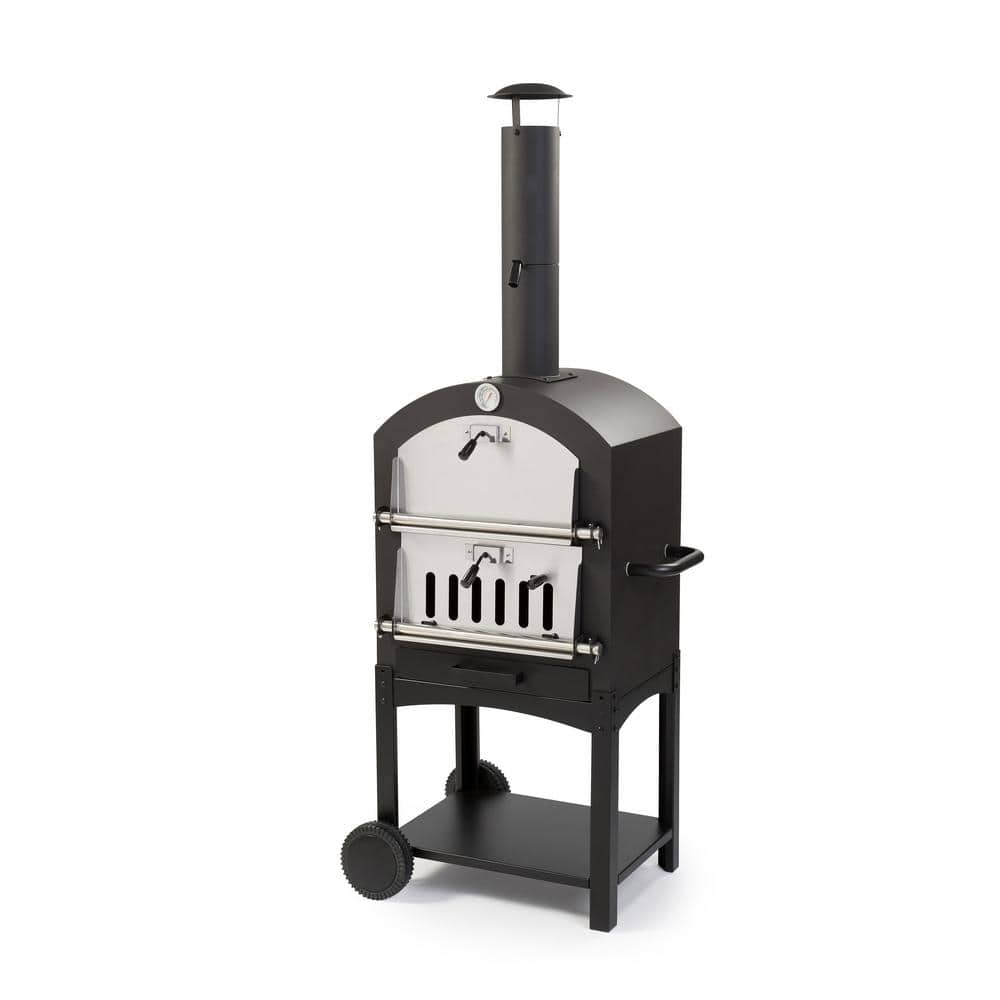 WPPO Stand Alone Wood Fired Garden Oven with Pizza Stone, Black and Stainless-Steel
