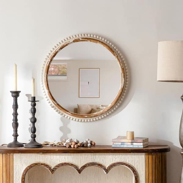Elevatehome 24 in. W x 24 in. H Round Antique Wood Framed with White Beaded Accent Decorative Wall Mirror, Entry Way