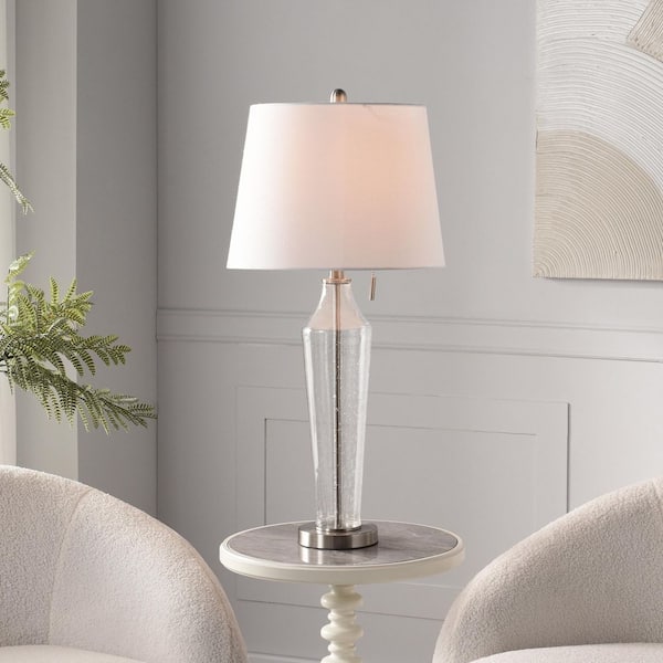 31.5 in. Clear Contemporary Bedside Table Lamp for Living Room with White Linen Shade