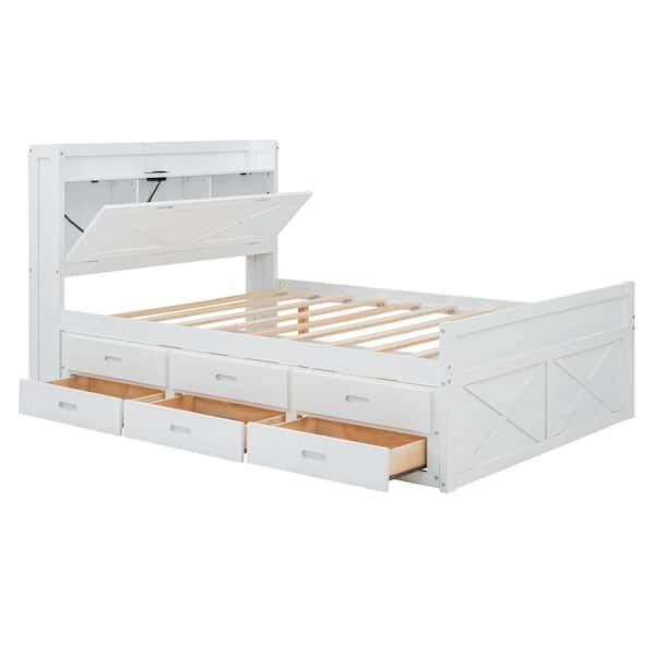 White Wood Frame Full Size Platform Bed with Storage Headboard with Outlets, Twin Size Trundle with 3 Storage Drawers