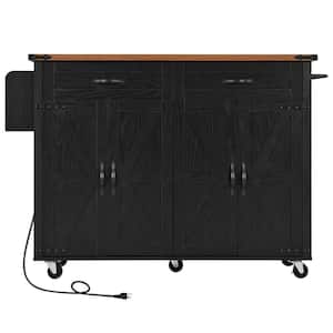 Black Wood Top 47.2 in. Kitchen Island with Power Outlet, Drop Leaf, Spice Rack, Drawer and Wheels