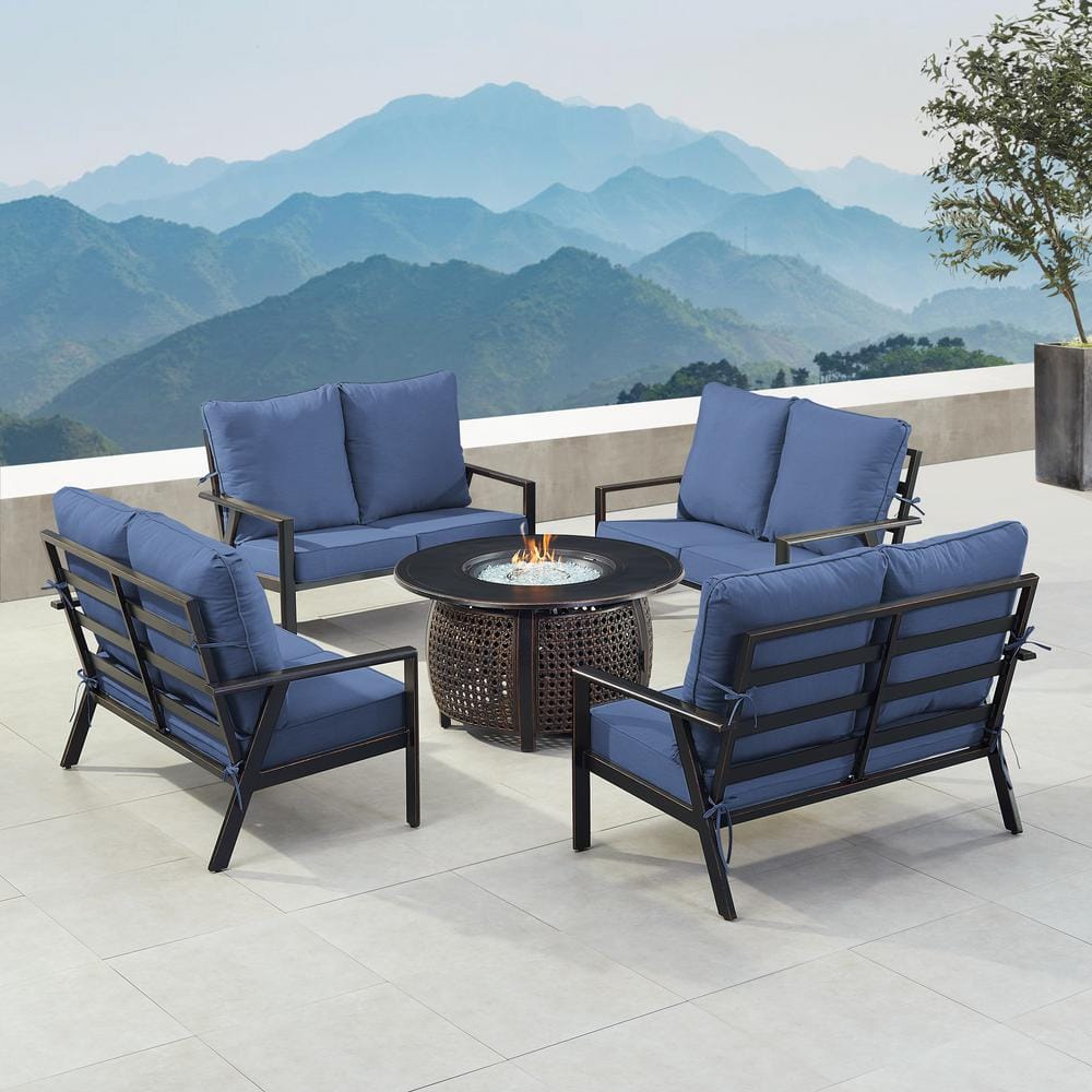 Black 7-Piece Aluminum Patio Fire Pit with 4-Deep Seating Loveseat Blue Cushions price history on PriceWatchPro