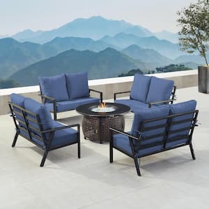 Black 7-Piece Aluminum Patio Fire Pit with 4-Deep Seating Loveseat Blue Cushions