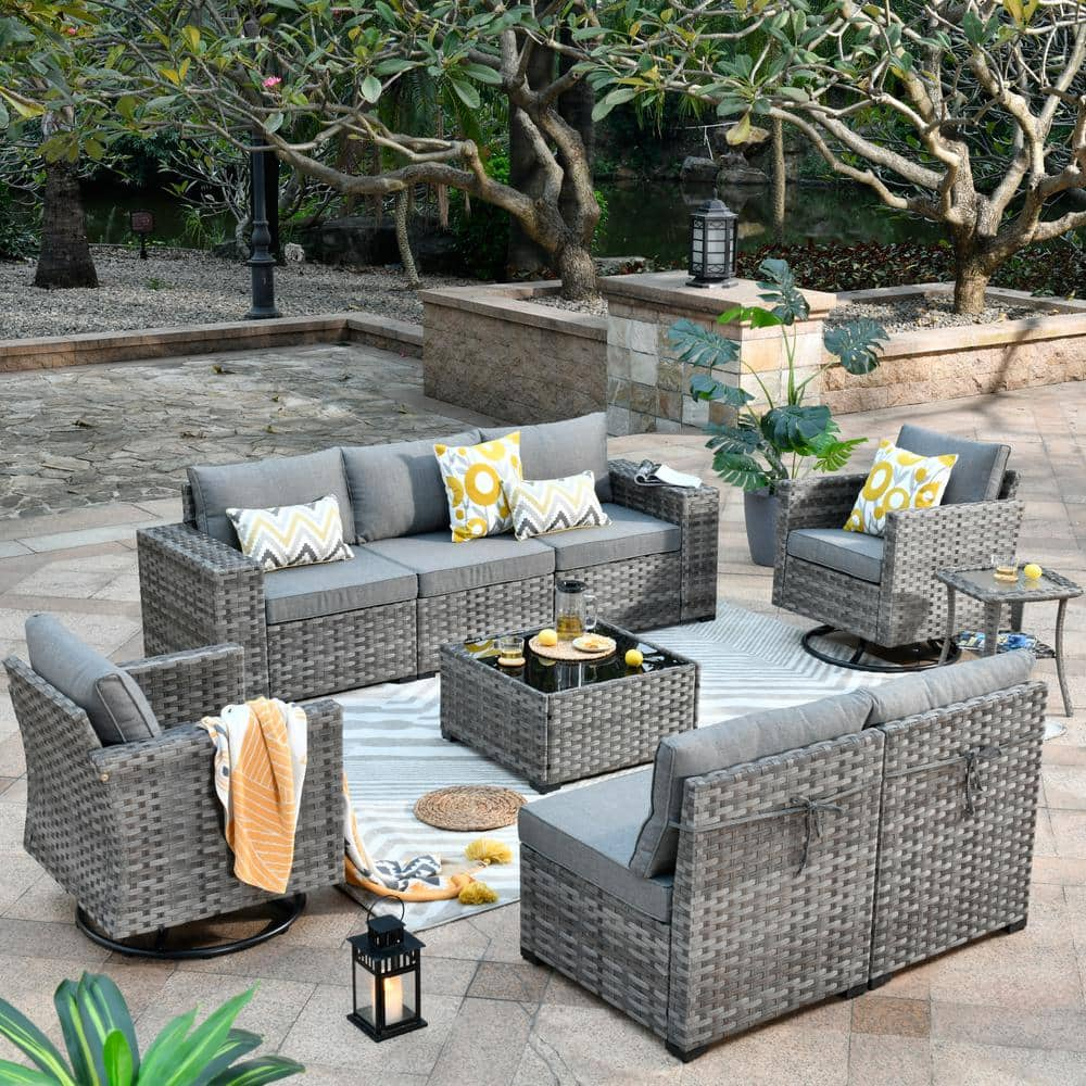 HOOOWOOO Tahoe Grey 9-Piece Wicker Outdoor Patio Conversation Sofa Set ...