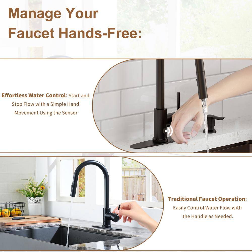 Matte Black Stainless Steel Touchless Kitchen Faucet with Pull-out Spray