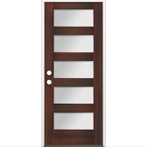 36 in. x 80 in. Modern Douglas Fir 5-Lite Right-Hand/Inswing Frosted Glass Red Mahogany Stain Wood Prehung Front Door