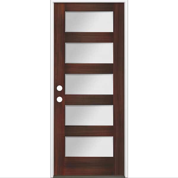36 in. x 80 in. Modern Hemlock 5-Lite Right-Hand/Inswing Frosted Glass Red Mahogany Stain Wood Prehung Front Door