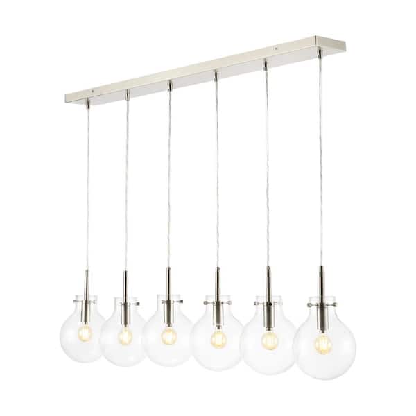 Harlow 40.5 in. 6-Light Modern Contemporary Round Glass/Iron LED Linear Pendant Light, Nickel/Clear