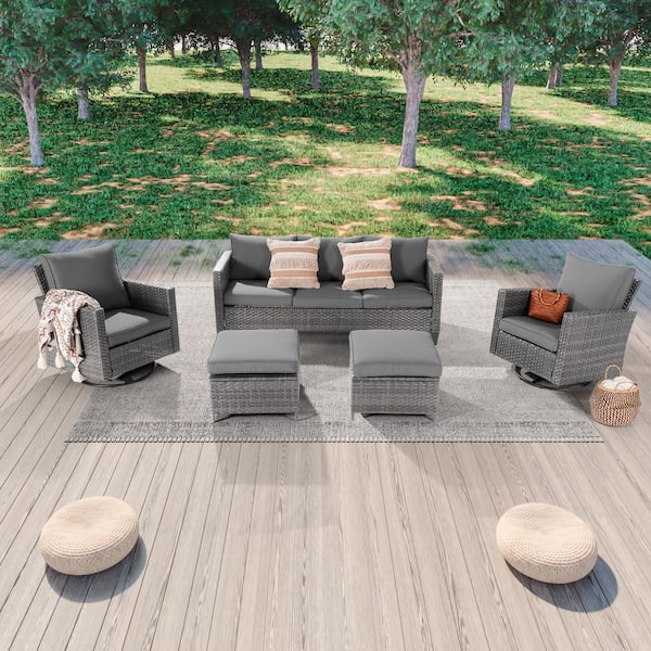 JOYESERY 5-Piece Patio Outdoor Grey Wicker Conversation Seating Set Thickening With Swiveling Rocker, Gray Cushion