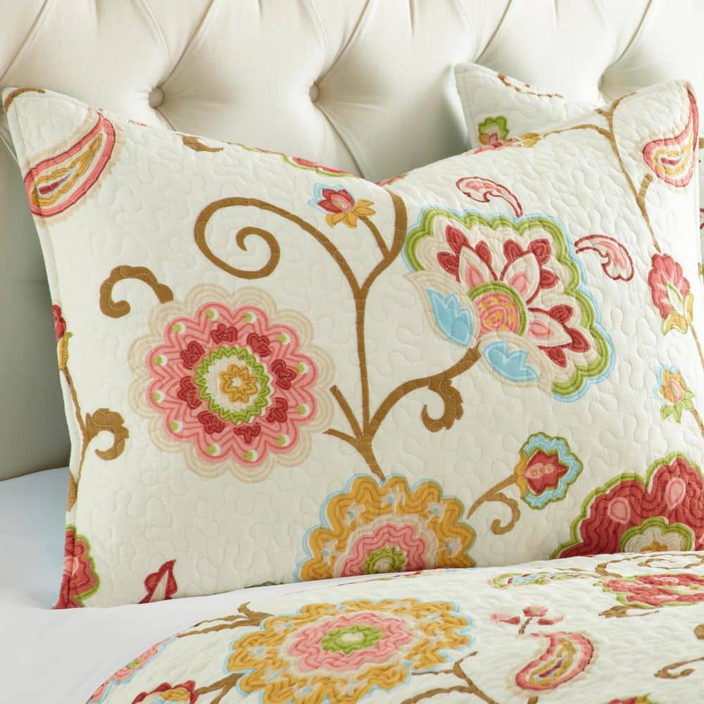 Ivory Floral Cotton Twin Quilt Set with Reversible Design