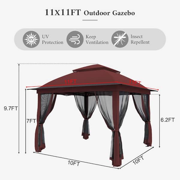 11 ft. x 11 ft. Pro Series Outdoor Instant Canopy Shelter Tent with Mosquito Netting Metal Frame Storage Bag, Red