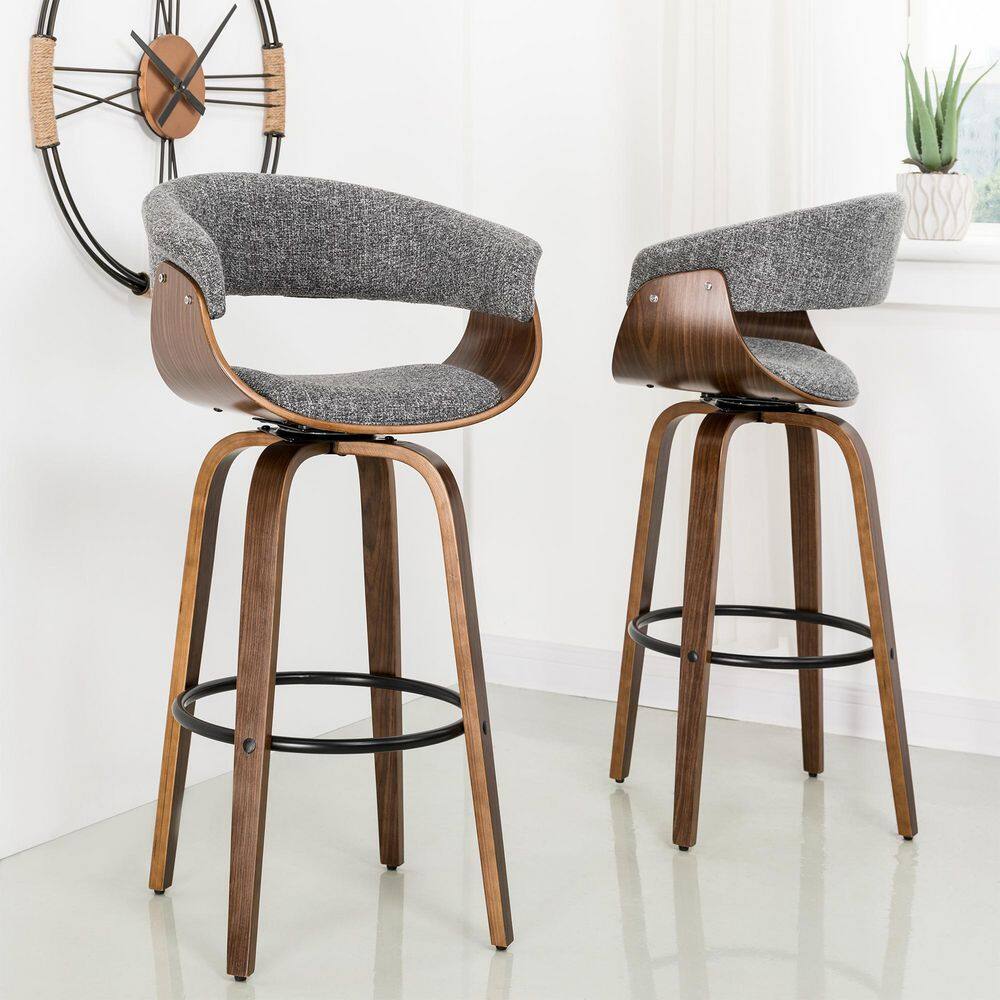 Gray Upholstered Walnut Wood Swivel Bar Stools with Metal Footrest, Set of 4