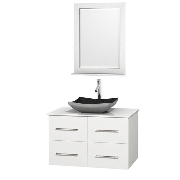 Wyndham Collection Centra 36 in. Vanity in White with Solid-Surface Vanity Top in White, Black Granite Sink and 24 in. Mirror