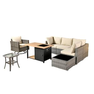 Sanibel Gray 8-Piece Wicker Patio Conversation Sofa Set with a Swivel Chair, a Storage Fire Pit and Beige Cushions