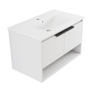 32 in. W x 18 in. D x 20.25 in. H Floating Bath Vanity in White with White Integrated Ceramic Top