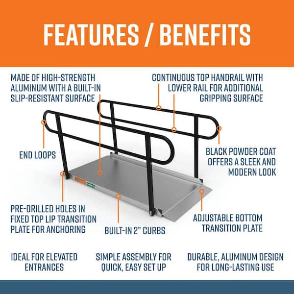 GATEWAY 3G 6 ft. Aluminum Solid Surface Wheelchair Ramp with Black 2-Line Handrails