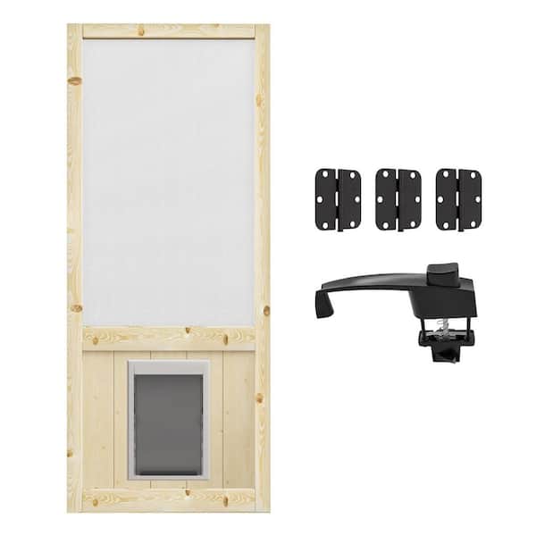 36 in. x 80 in. Universal Unfinished Pine Gauze Mesh Screen Door with Pet Access and Lock-Hinged Rustic Style