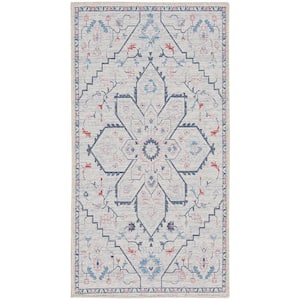57 Grand Machine Washable Ivory Blue Doormat 2 ft. x 4 ft. Center Medallion Contemporary Kitchen Area Rug
