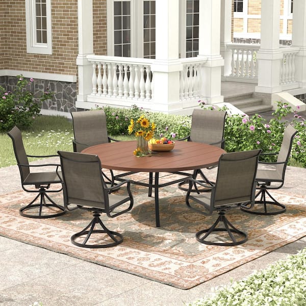 Tenleaf 7-Piece Metal 53 in. Round Outdoor Dining Set 360° Textilene Fabricswivel Chairs and 1.57 in. 1.90 in. Umbrella Hole