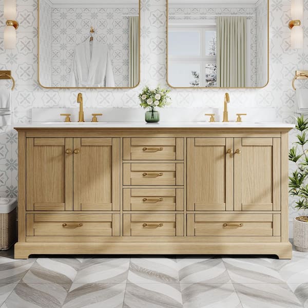 72 in. Freestanding Solid Wood Oak Bath Vanity with White Cultured Marble Top Assembled, Soft-close Door and Drawer
