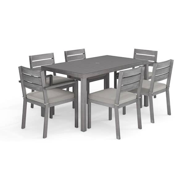 Bedford Gray Brushed Woodgrain Aluminum Indoor-Outdoor Patio Set with 60 in. Table and 6 Dining Chairs