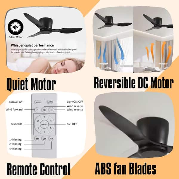 40 in. Flush Mount Ceiling Fan with 3 Reversible Blades, 6 Speeds, without light for Living Room Kitchen Bedroom, Black