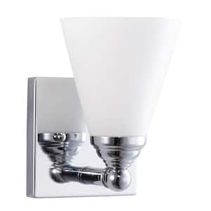 5 in. Brushed Chrome Wall Mount Vanity Light Sconce with Frosted White Cone Glass Shade